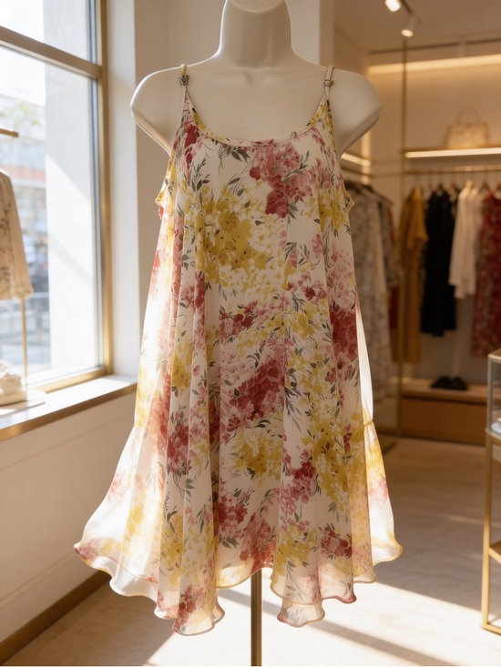 Umgee Dresses & Skirts - Umgee Floral Swing Dress M Cream Pink Yellow Boho Flowy Spaghetti Strap